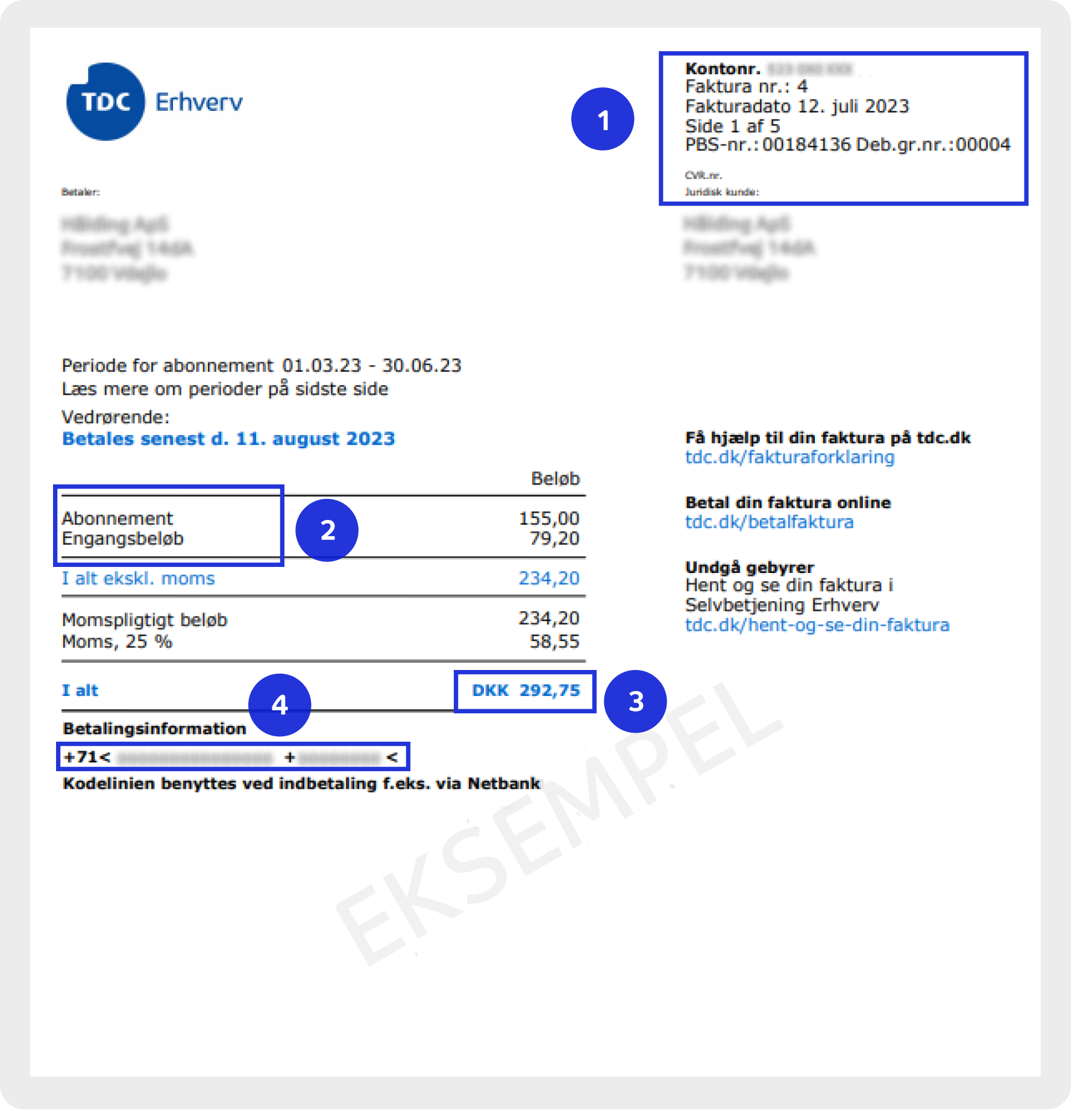 Eksempel på side 1 af en faktura fra TDC Erhverv