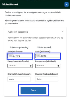 Billedet viser avanceret opsætning under trådløst netværk, i COAX routerens interface