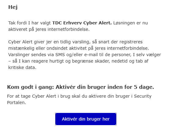 Velkomst mail Cyber Alert
