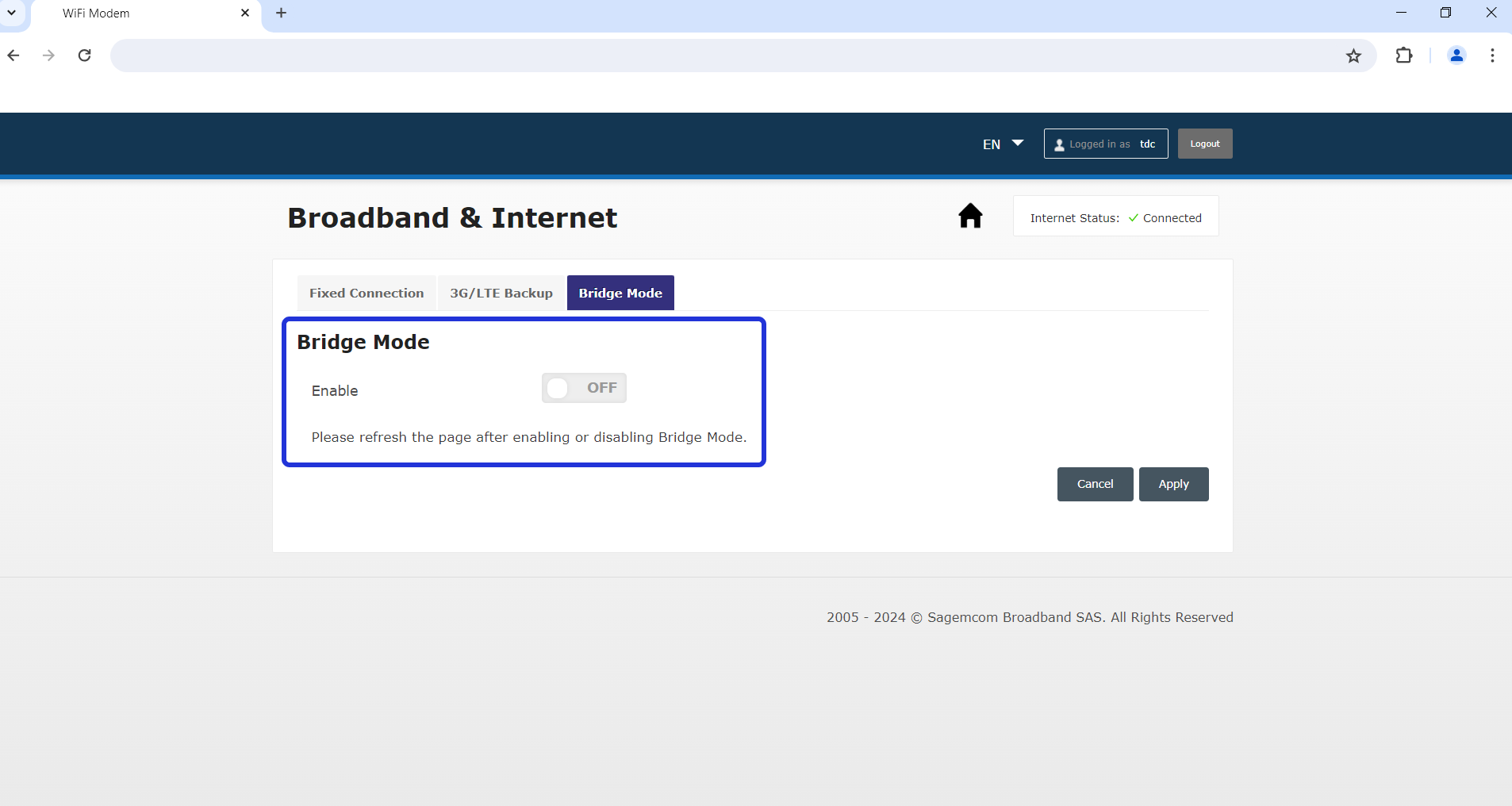 Billedet viser hvordan du aktivere bridgemode i din router fra tdc erhverv