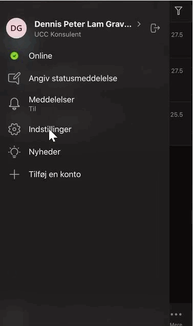 På billedet ses indstillinger i Teams app