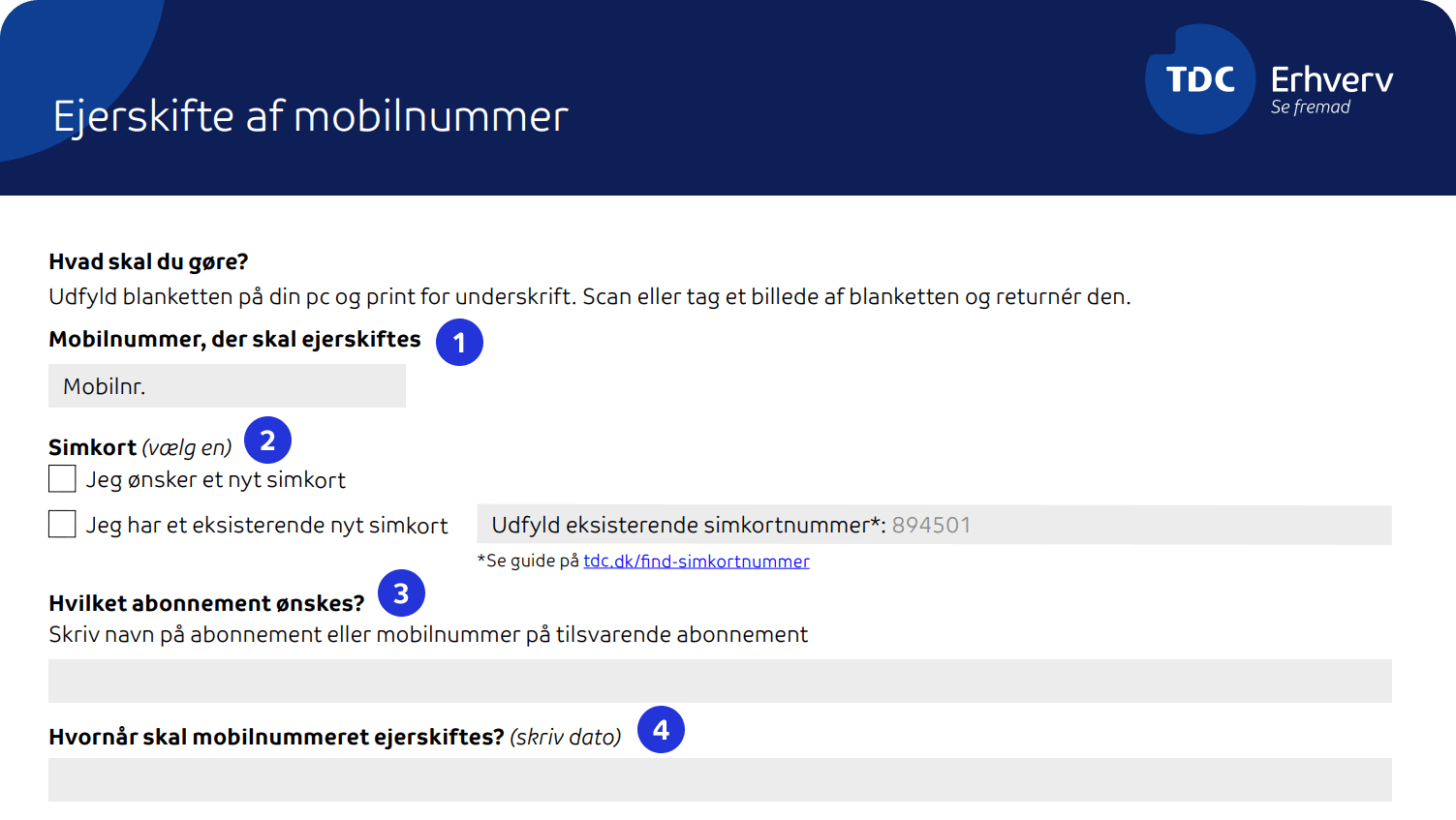 Eksempel på første del af blanketten til ejerskifte af mobilnummer