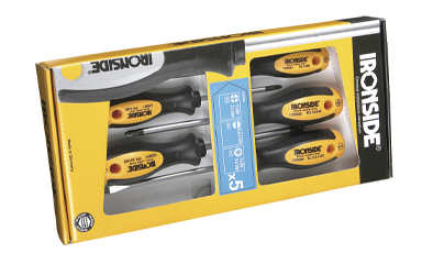 Fem IRONSIDE-skrutrekkere med gule og svarte grep i sort-gul emballasje.