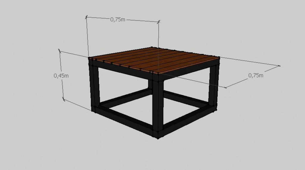 3D-tegning av firkantet bord med svart metallramme og brun trebordplate, mål 0,75×0,75×0,45 m