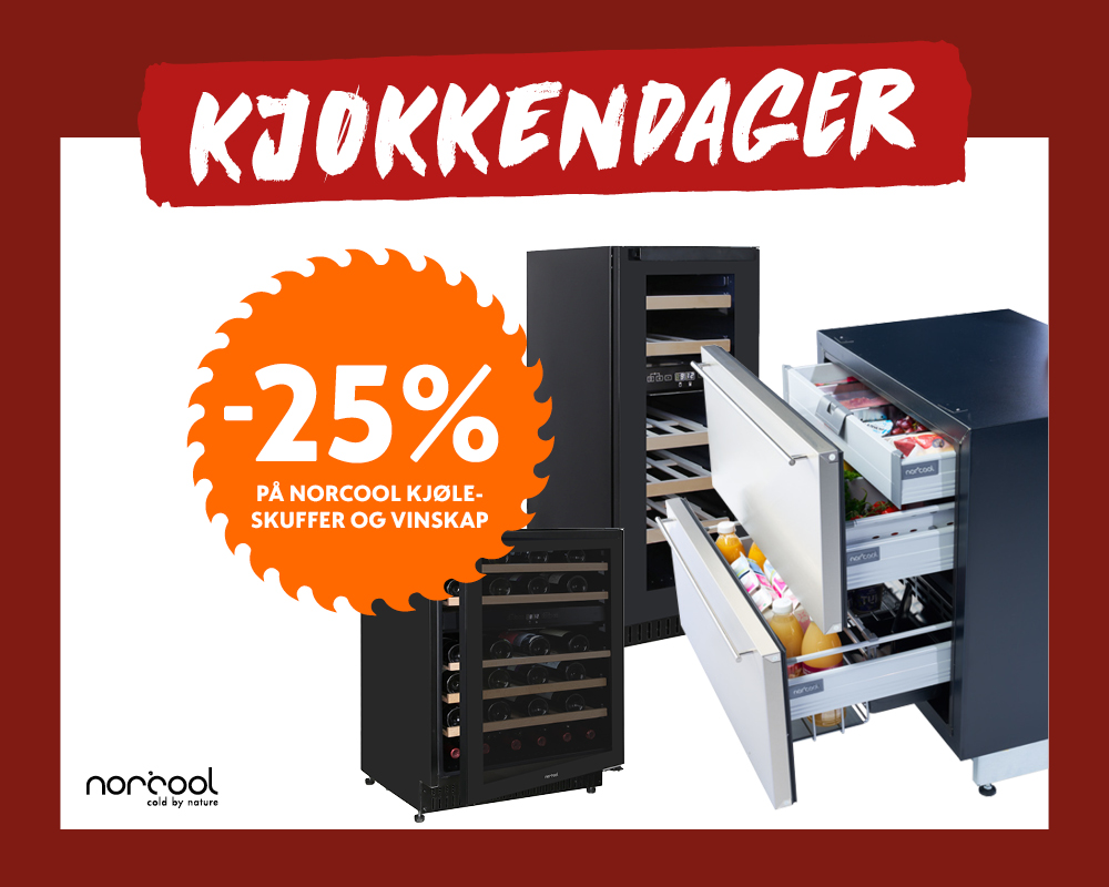 Kjokkendager-annonse med 25% rabatt på Norcool kjøleskuffer og vinskap, vist med produktbilder.