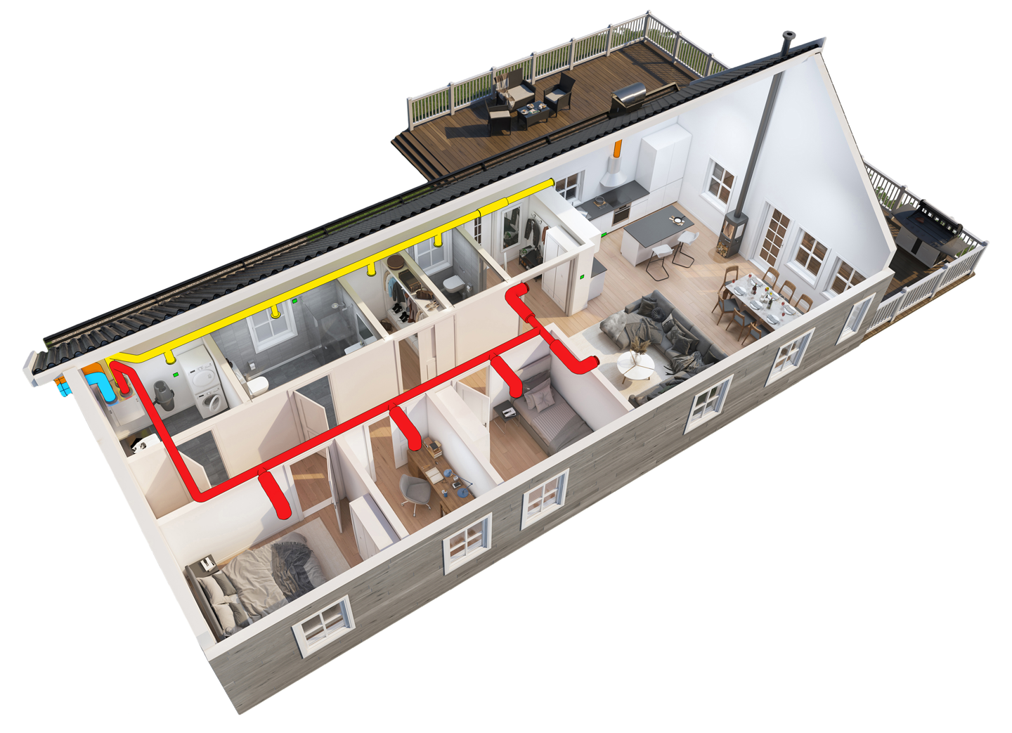 3D-plantegning av hus med synlige røde ventilasjonskanaler, gult hovedrør og terrasse.