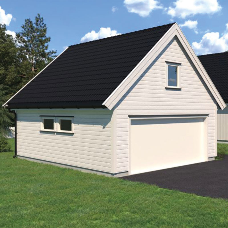 Hvit dobbelgarasje med svart tak, to sidevinduer, port og grønt gress.