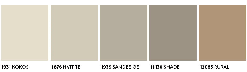 Horisontalt fargeskjema med seks rektangler i myke, varme nøytrale toner fra ecru til karamell.