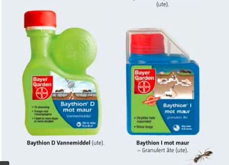 To Bayer Garden maurmidler: grønn flaske med rødt lokk og blå etikett, gjennomsiktig boks med rødt lokk og blå granulat.