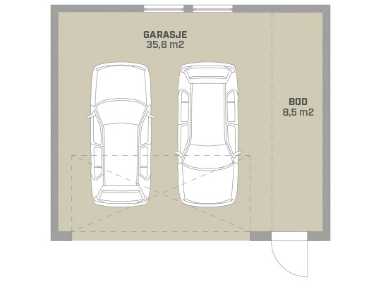 Planløsning: beige garasje (35,6 m²) med to biler, grå vegger og 8,5 m² bod bak dør.