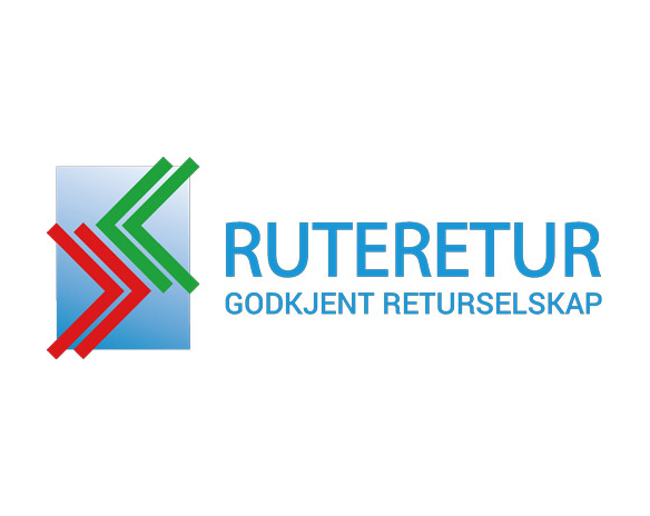 Logo for Ruteretur, godkjent returselskap, med røde og grønne piler på blå bakgrunn.