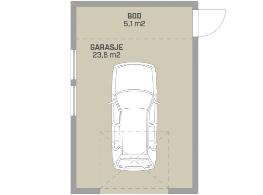 Planløsning: beige garasje (23,6 m²) med bil, bod (5,1 m²), grå vegger, dør og vinduer.