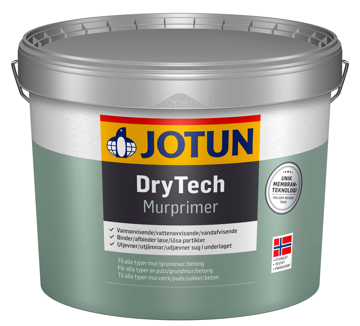 Grønn Jotun DryTech murprimer-bøtte med grått lokk, fargerik logo og norsk flagg.
