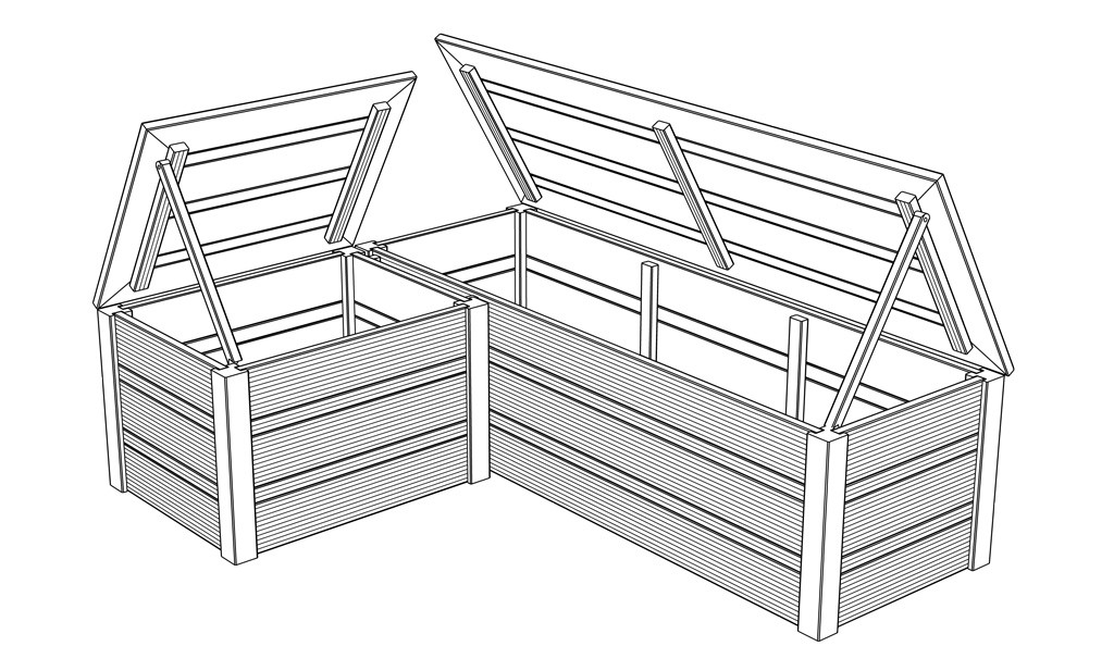 Svart-hvitt strekillustrasjon av to sammenkoblede hevede plantebed i tre med åpne lokk