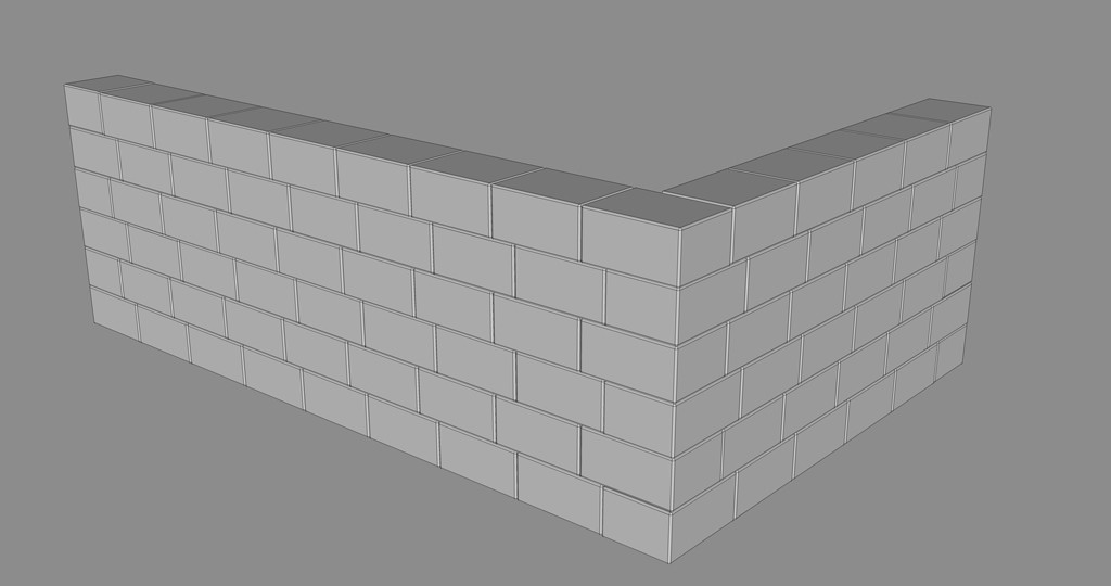 3D-rendering av hjørne i grå murvegg med rektangulære steiner på lys grå bakgrunn.