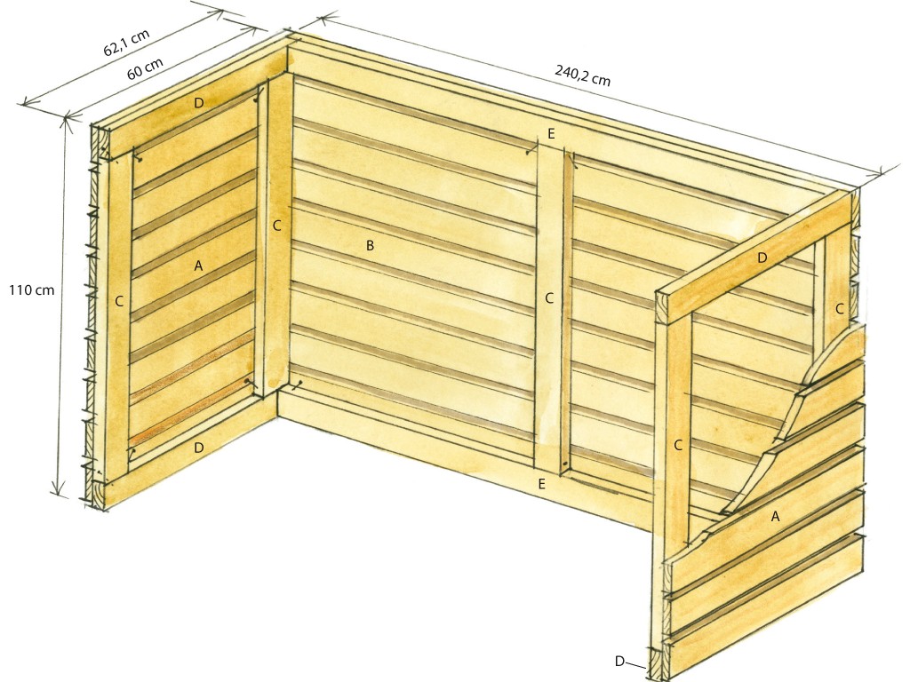 Lys akvarelltegning av hjørnevegg i gult tre med horisontale paneler, rammer, bokstaver og mål.