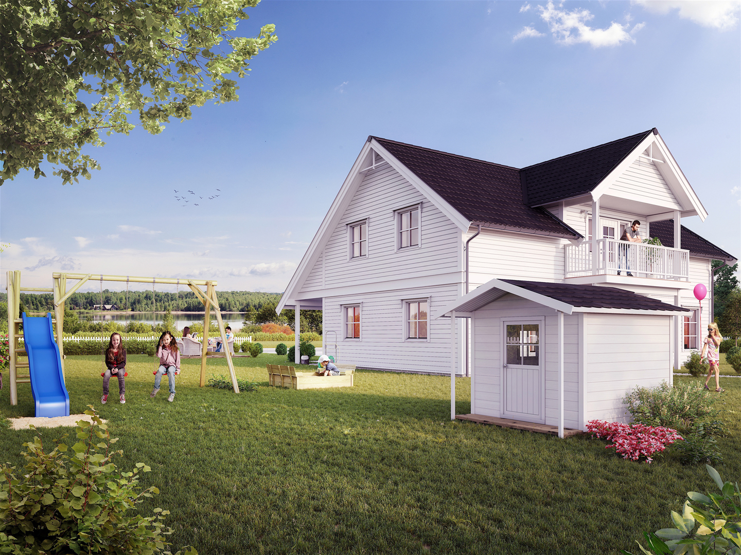 Hvit to-etasjes hus ved innsjø, grønt gress med huske, blå sklie og sandkasse.