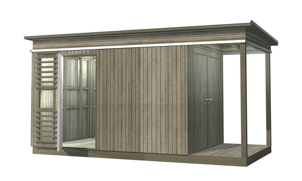 Moderne hagebod i grått tre med overbygd terrasse, åpne persienner og dør.