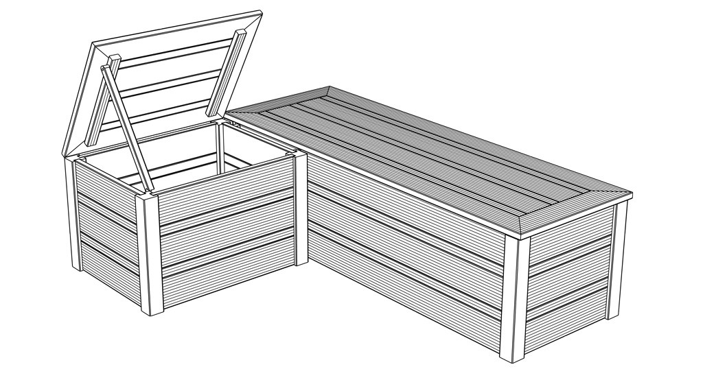 Svart-hvitt strekillustrasjon av to oppbevaringsbokser i tre med spiler, én med åpent lokk.