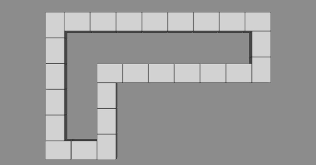 Lysegrå kvadrater i omvendt U-form mot mørkegrå bakgrunn.