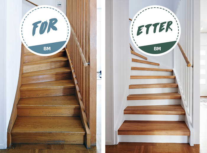 Split-bilde av trapp: 'Før' mørk heltre med panel, 'Etter' lyse eiketrinn og hvite vanger.
