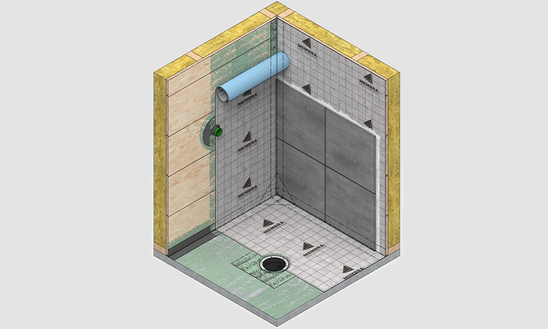 3D-tegnet dusjhjørne med gulvsluk, grønn vanntettingsmembran, grå fliser og gul isolasjon.