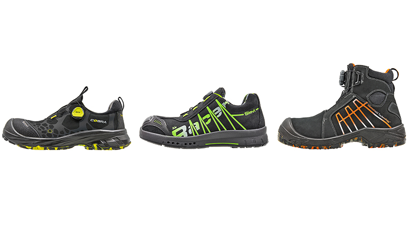 Tre svarte vernesko på hvit bakgrunn med gule, grønne og oransje detaljer.