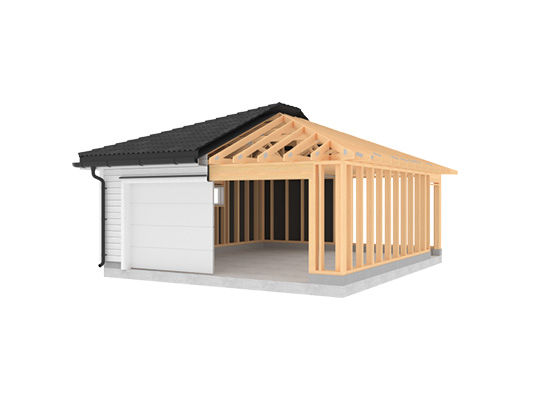 Delvis bygget garasje: hvit fasade, svart tak og åpen trekonstruksjon på betong.