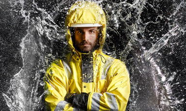 Person i gul regnjakke med reflekser står med armene i kors, vann spruter bak.