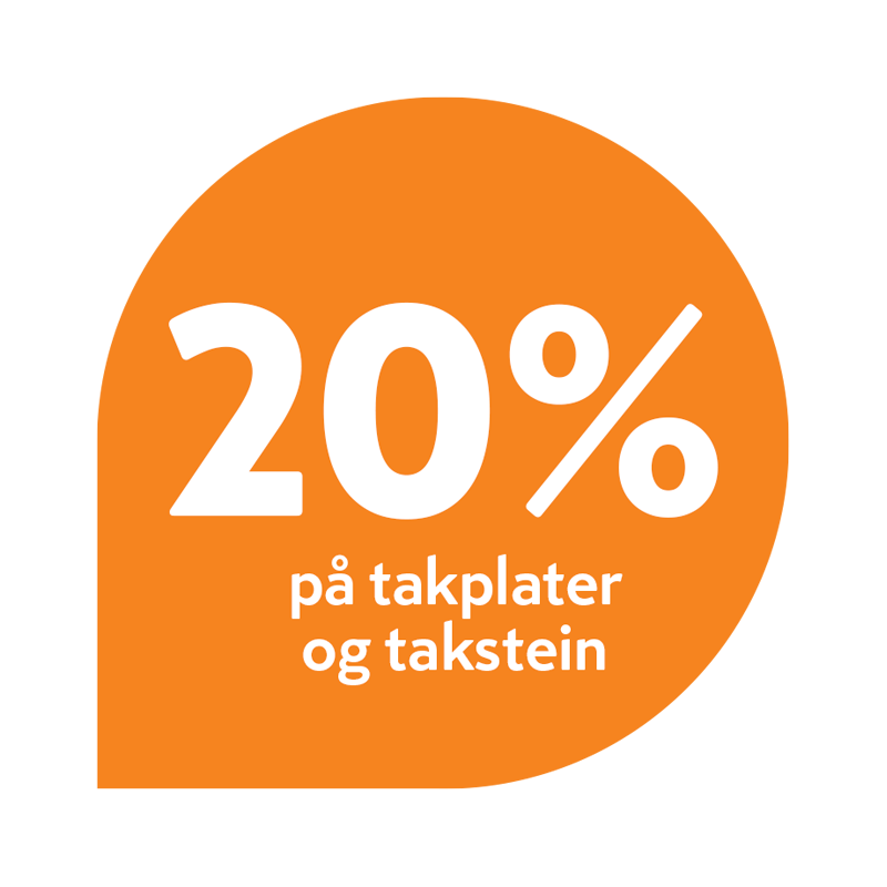 Oransje etikettformet emblem med hvit tekst «20% på takplater og takstein»
