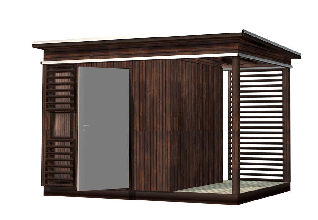 Moderne, mørk brun hagebod i tre med grå dør, flatt tak og åpen lamellveranda