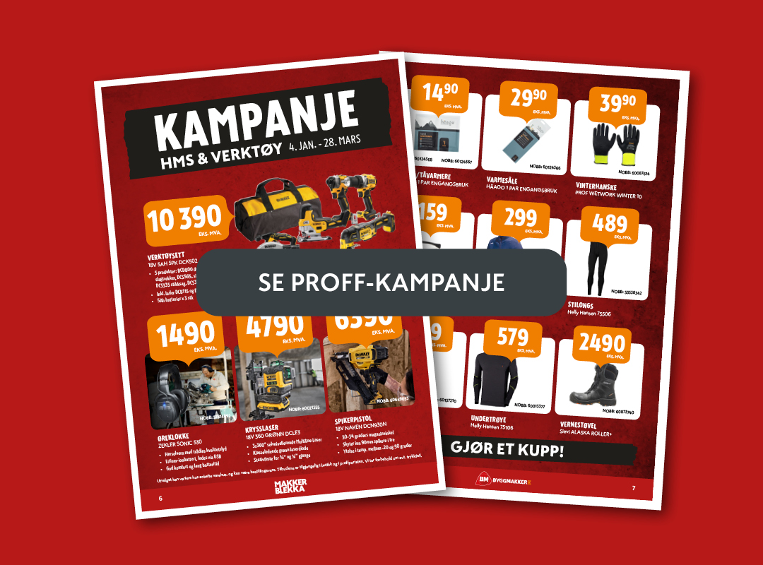 Kampanjekatalog for HMS og verktøy med tilbud på arbeidsklær, verktøysett og verneutstyr. Rød bakgrunn med priser i oransje.