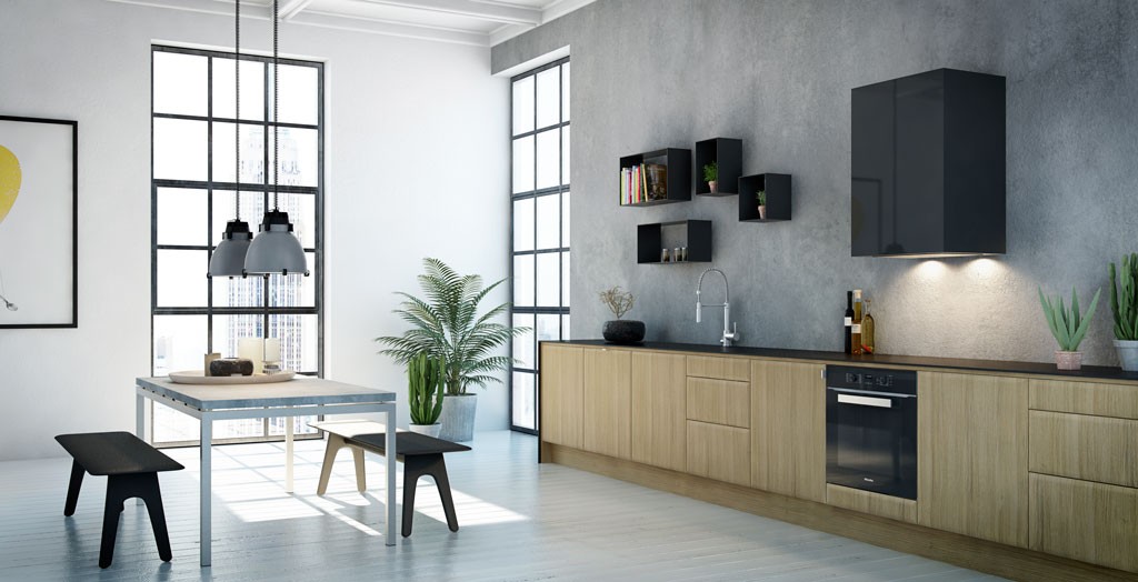 Lyst, moderne kjøkken med lyse tregulv, store vinduer, trebenk, svarte benker og grønne planter.