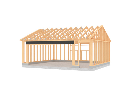 Åpen reisverkstruktur i lyst tre på grå betongplate, med sperrer til gavltak