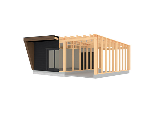 Moderne bygg i svart panel med glassdør, delvis åpen lys trekonstruksjon.