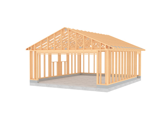 Lys treramme av hus under bygging på grå betongsåle, hvit bakgrunn.