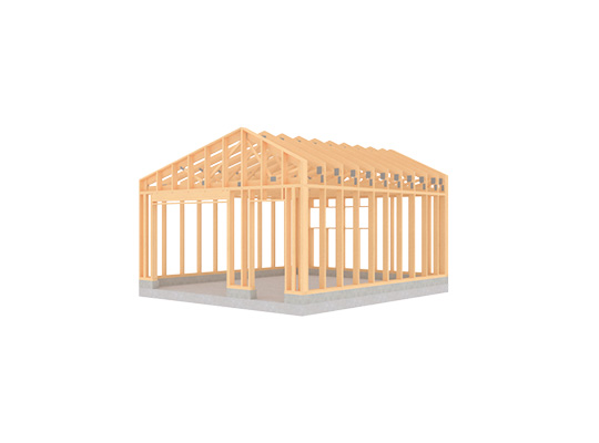 Lys trekonstruksjon med takstoler på betongfundament, isolert på hvit bakgrunn