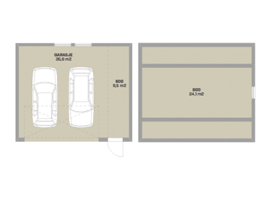 Beige plantegning: garasje 35,6 m² for to biler og bod 8,5 m², egen bod 24,1 m².