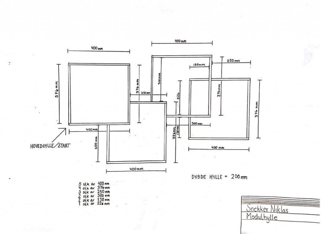 Svart-hvitt teknisk skisse av modulhylle: rektangler i forskjellige størrelser med mm-mål