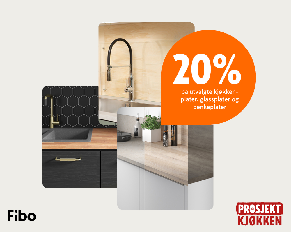 Fibo og Prosjekt Kjøkken tilbyr 20% rabatt på kjøkkenplater, glassplater og benkeplater. Tre kjøkkenbilder vises.