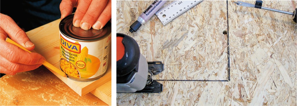 Hender tegner sirkel rundt gul maisboks på trelist. OSB med firkantmerke, stikksag og linjal.