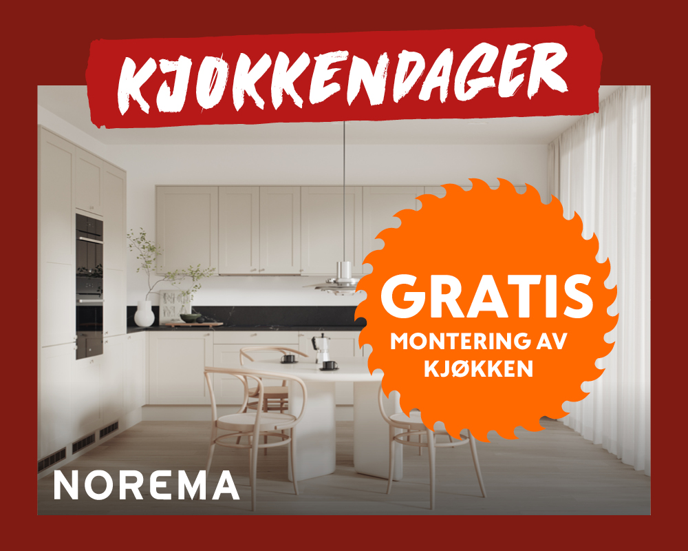 Norema Kjøkkendager-annonse med hvitt kjøkken og tilbud om gratis montering av kjøkken.