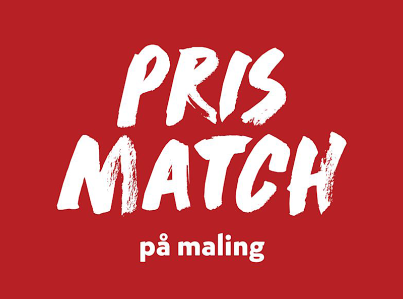 Rød bakgrunn med hvit tekst som sier "PRISMATCH på maling" i en håndskrevet, uformell stil.