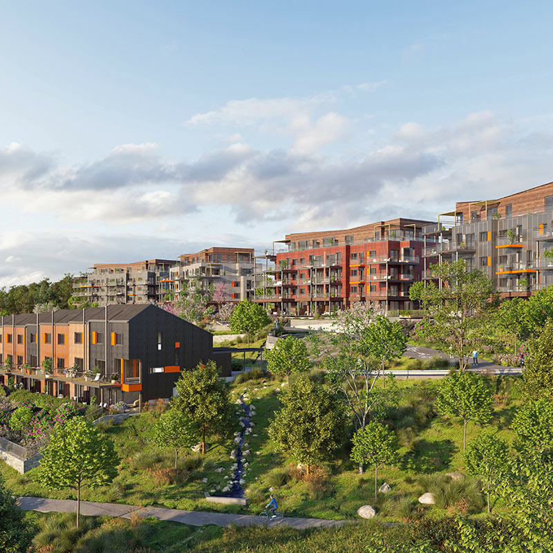 Svarte rekkehus med oransje vinduer og røde fleretasjes blokker ved grønt parklandskap