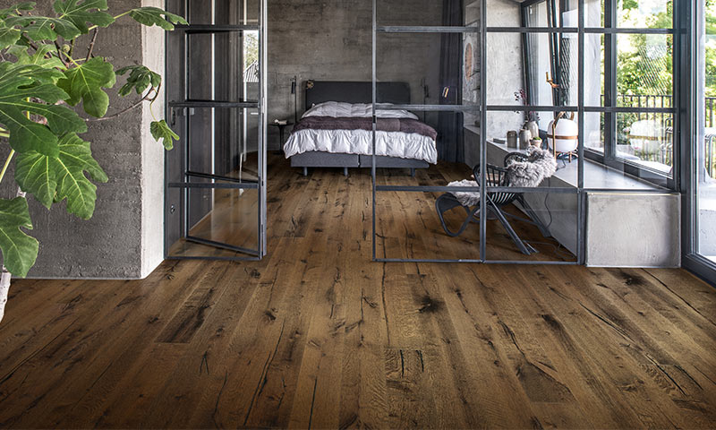 Moderne soverom med varm eikeparkett, betongvegger, glassromdeler, naturlys og grønn plante.