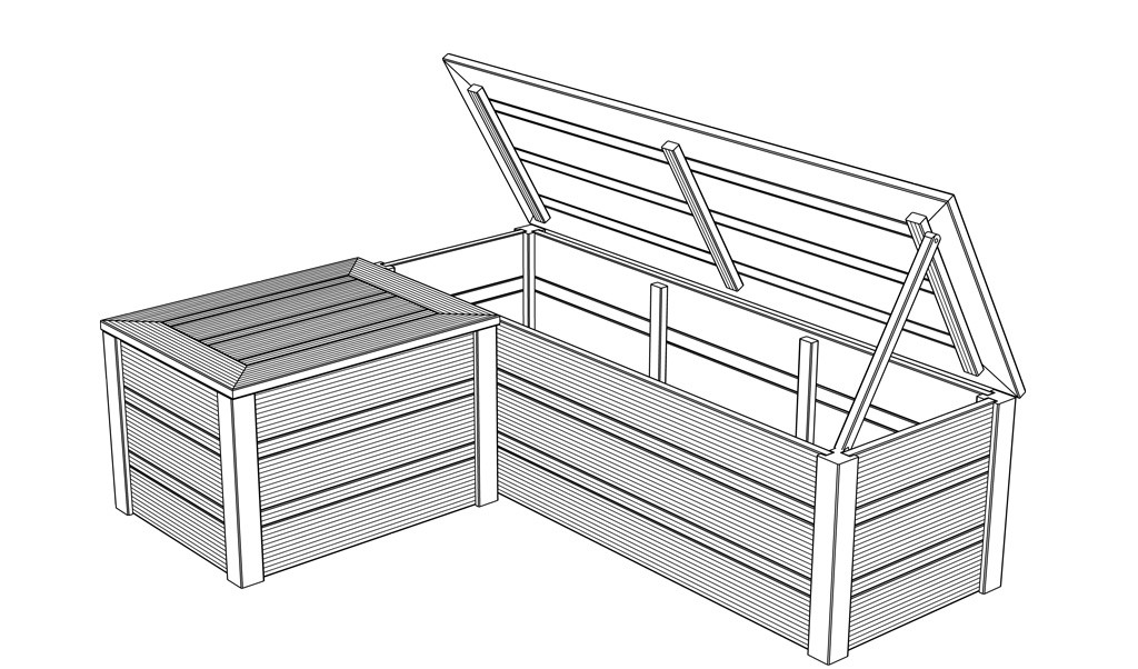Svart-hvitt linjetegning av to sammenkoblede plantekasser med hengslet lokk, en åpen og en lukket.