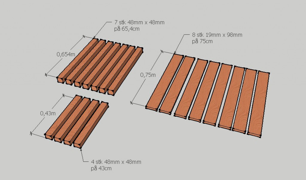Tre oransjebrune tretavlepaneler: 7×48×48 mm (65,4 cm), 4×48×48 mm (43 cm), 8×19×98 mm (75 cm)