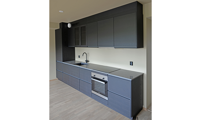 Moderne, minimalistisk kjøkken med matte svarte skap, integrert ovn, svart kran og lys parkett.