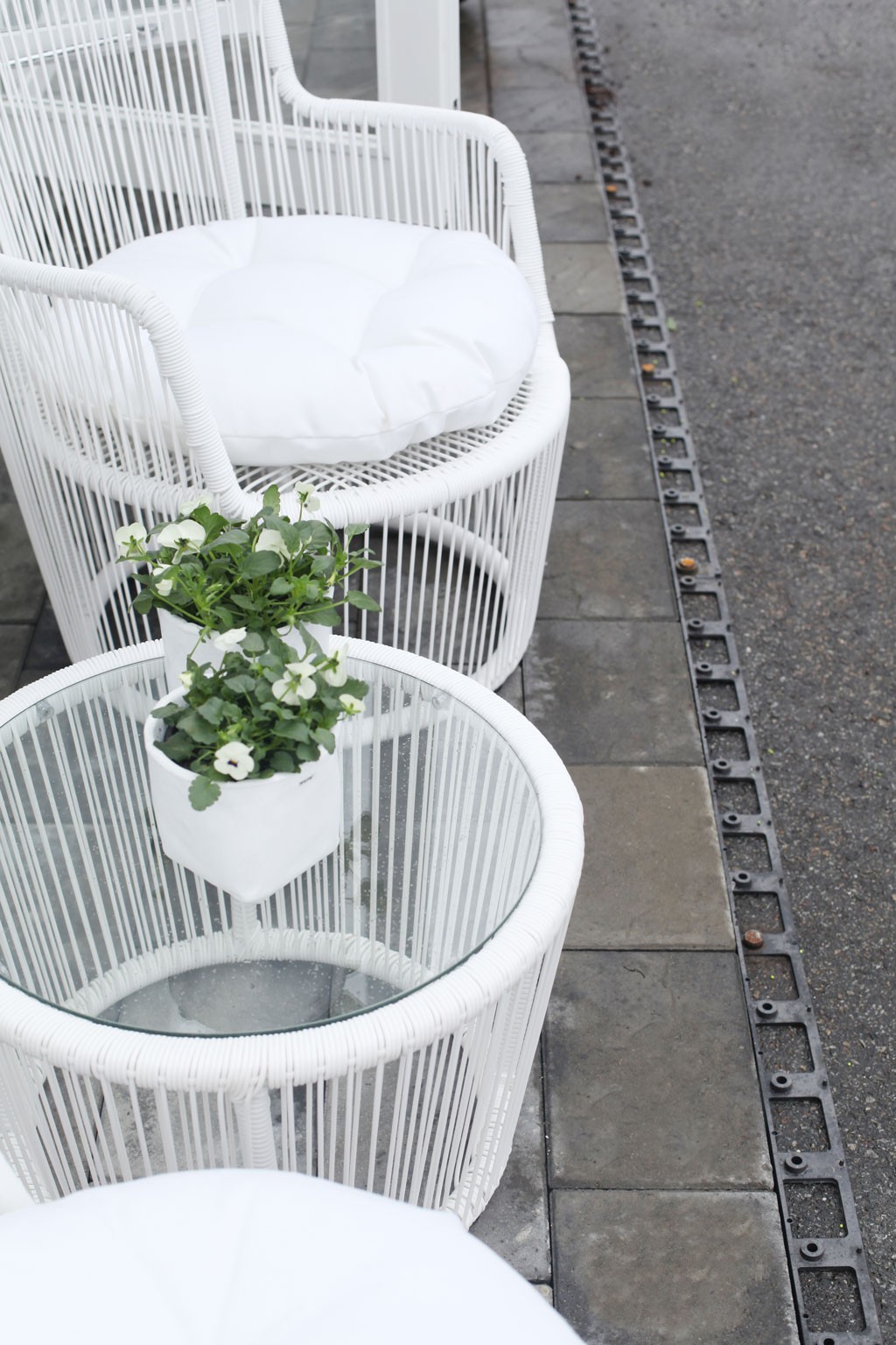 Hvite rottingstoler med puter og glassbord med grønn plante på grå fortausfliser.