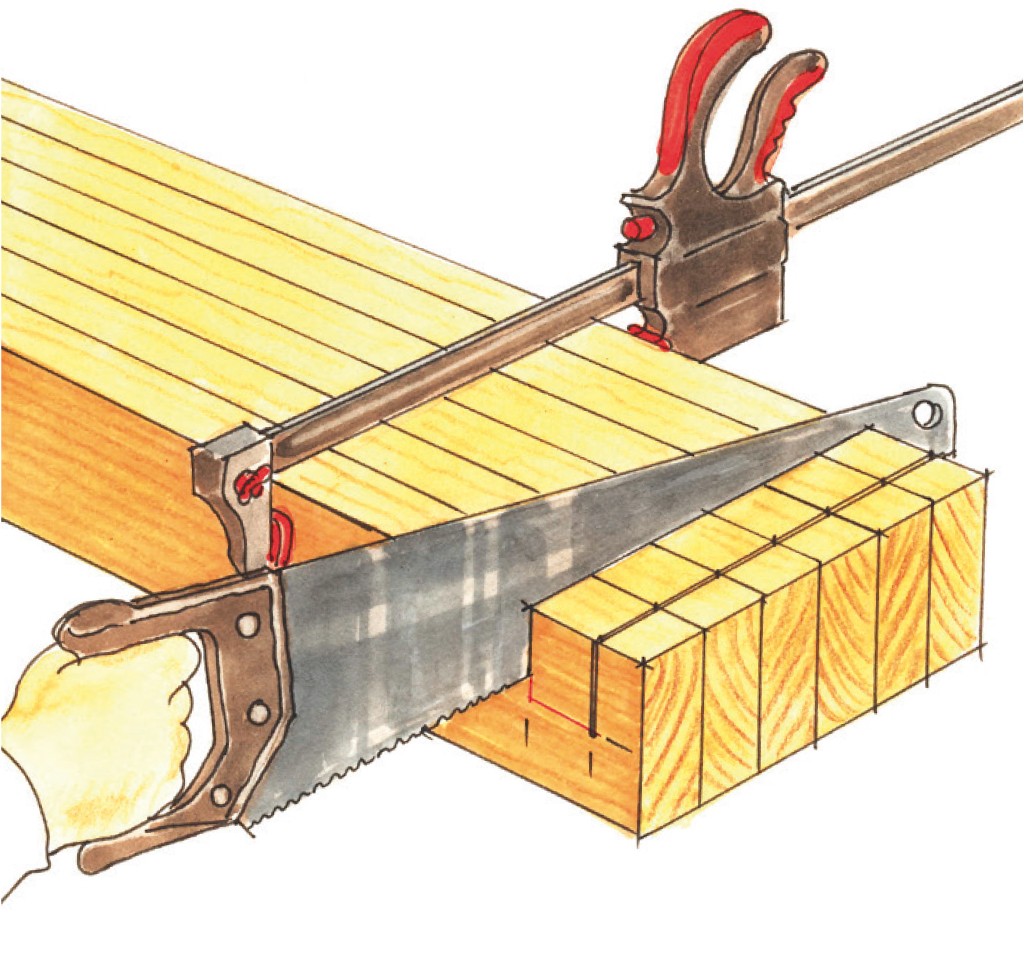 Hånd med baufil sager gule trelister fastklemt med svart-rød skrustikke.